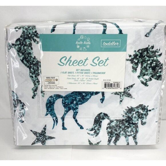 Kute Kids Toddler Bed Sheet Set Super Soft Unicorn Stars Aqua 3-Piece Bedsheet - Picture 2 of 4